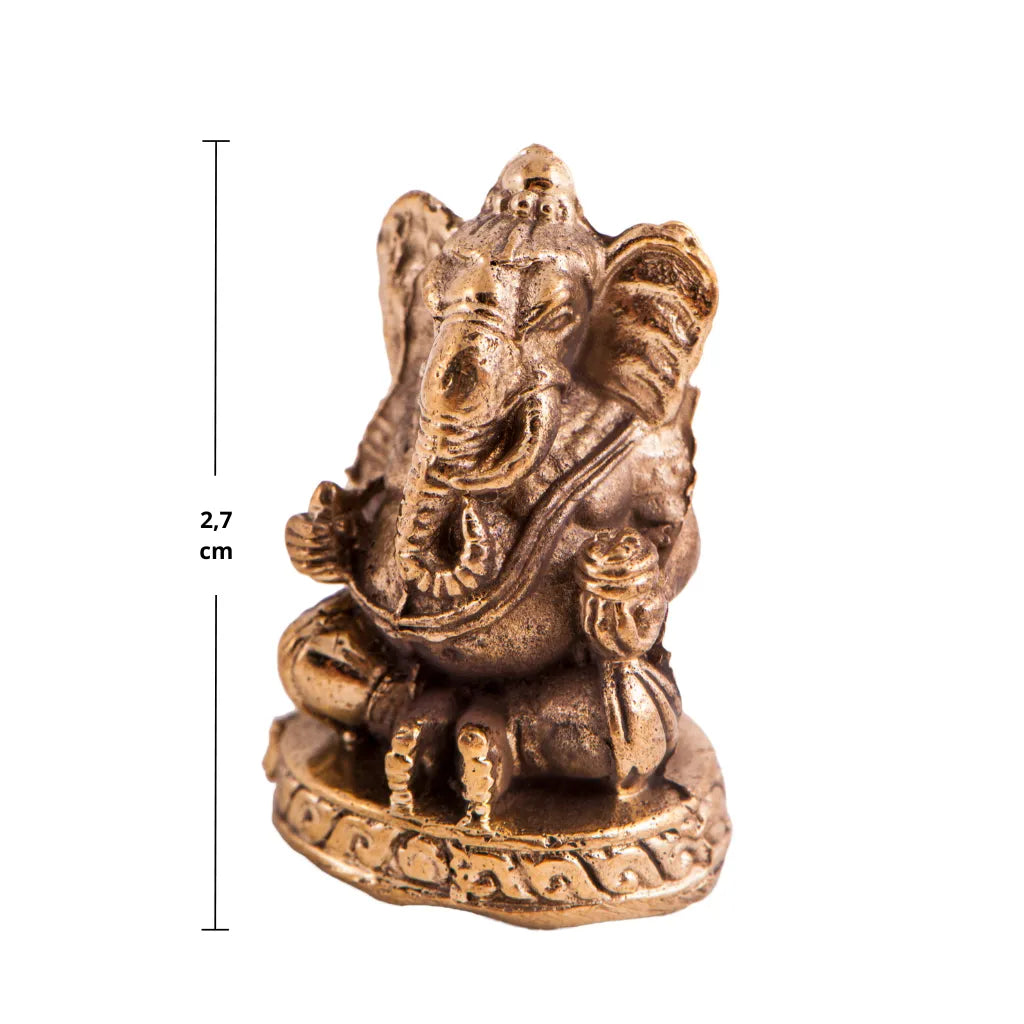 Goldfarbene Miniatur Ganesha Figur aus Messing, 2,7 cm hoch, detailreich gearbeitet, Glücksbringer.