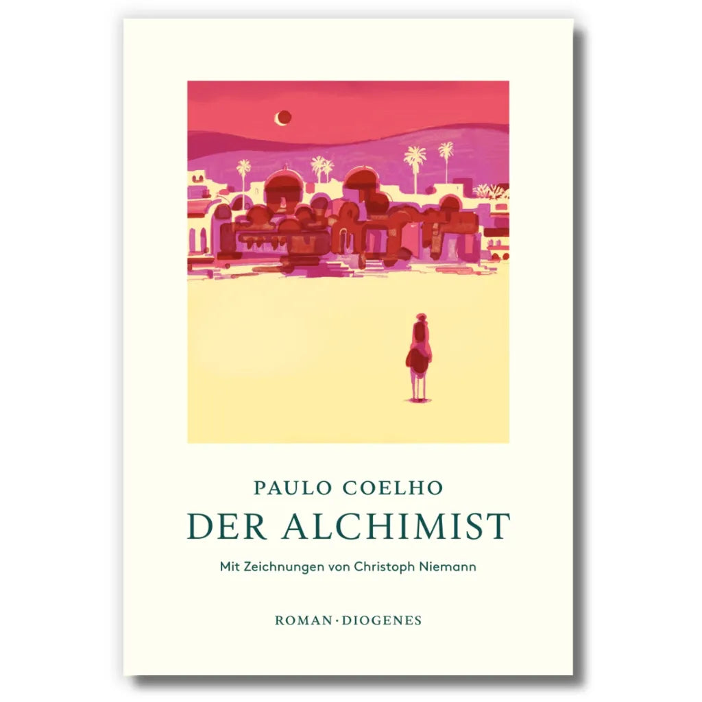 Buchcover Paulo Coelho Der Alchimist: Farbige Illustration, Wüstenlandschaft.