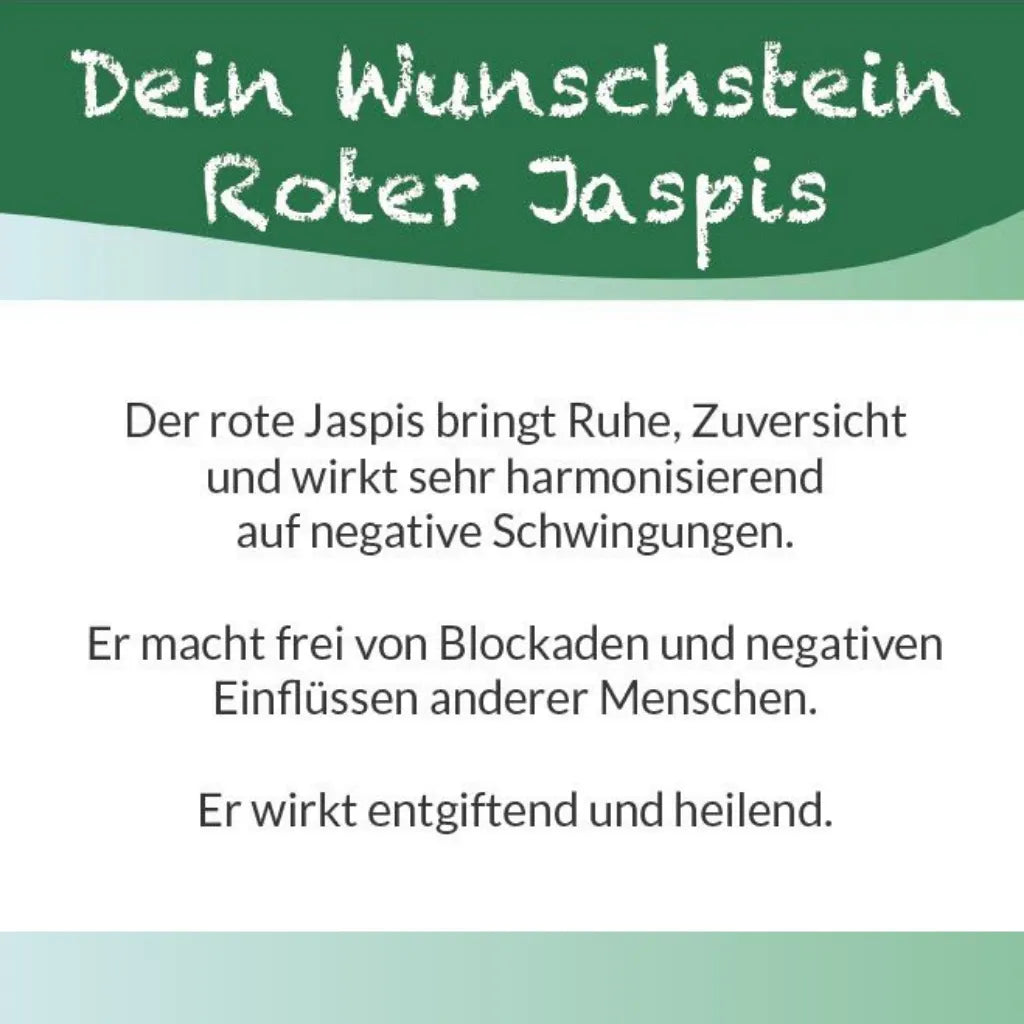 Textkarte zum Roten Jaspis Wunschstein: "Der rote Jaspis bringt Ruhe, Zuversicht." Bedeutung.