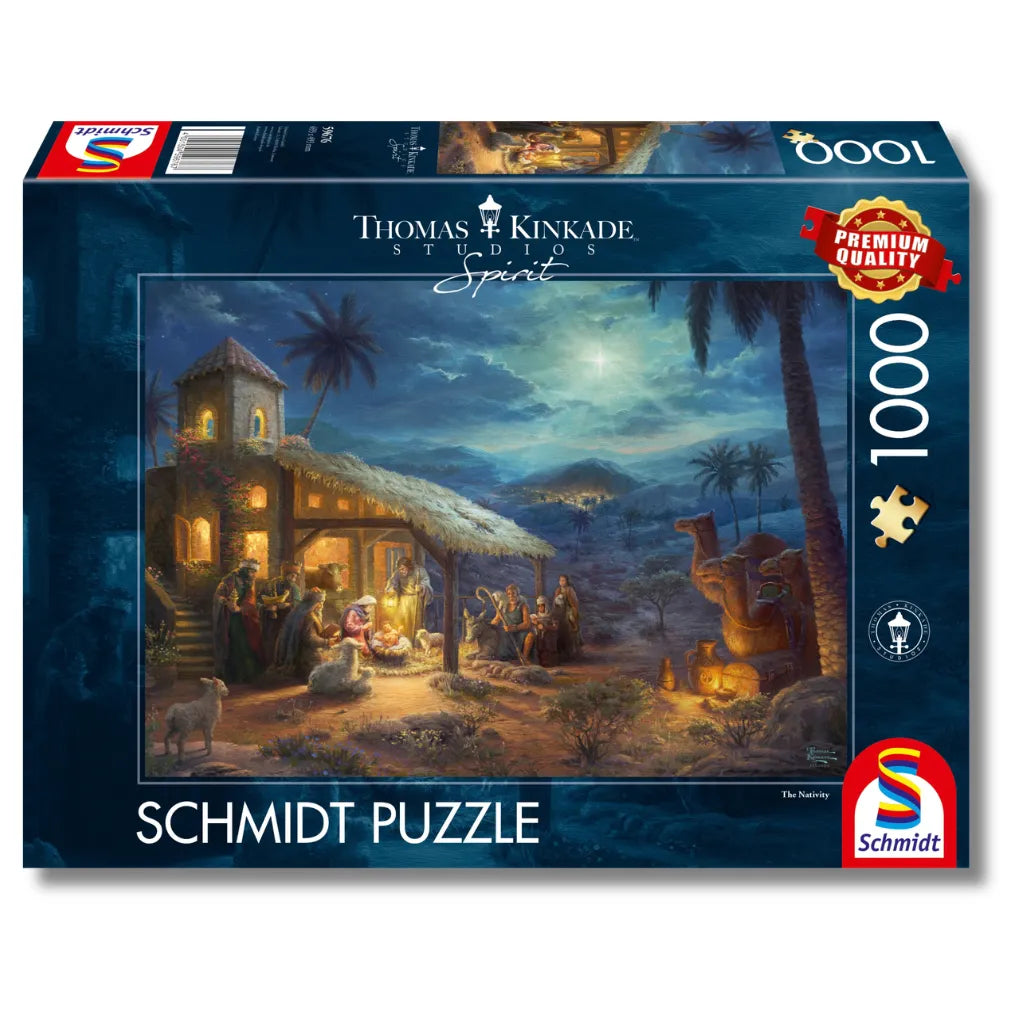 Karton des 1000-Teile Schmidt Puzzles 'The Nativity' aus den Thomas Kinkade Studios, das die klassische Weihnachtsgeschichte zeigt.