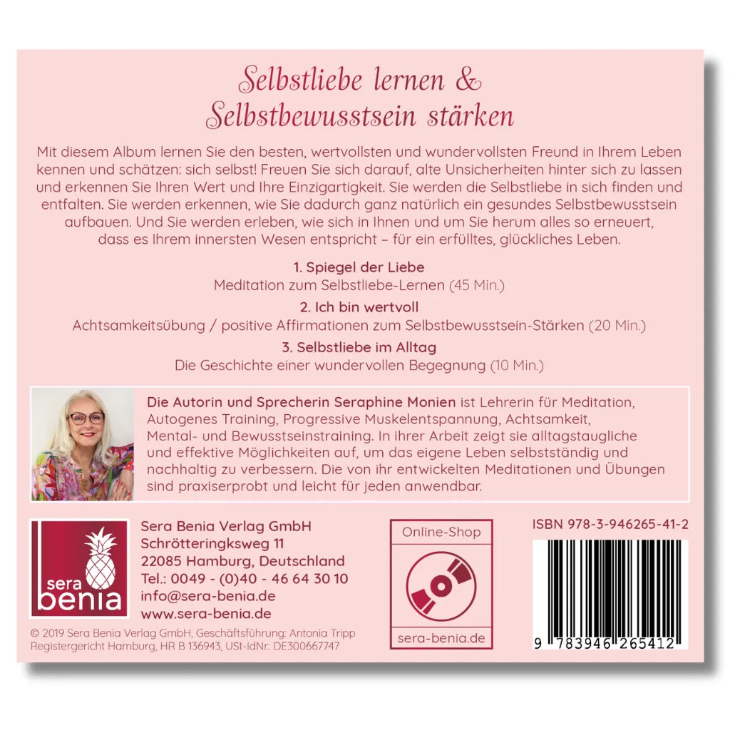 Selbstliebe ins Selbstbewusstsein Album Rückseite: Übungen, Affirmationen & Meditation für Selbstwert & Selbstannahme.