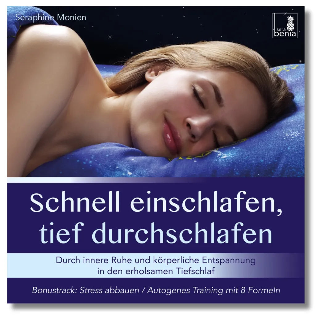 Cover: Seraphine Monien - Schnell einschlafen, tief durchschlafen. Meditation für Tiefschlaf. Schlafende Frau unter Sternenhimmel.