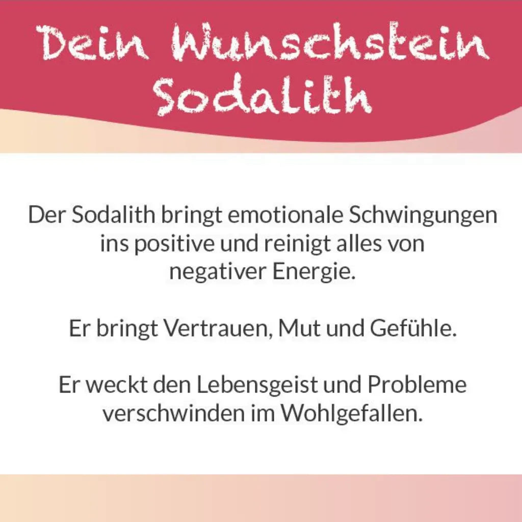 Textkarte zum Sodalith Wunschstein: "Der Sodalith bringt emotionale Schwingungen ins Positive." Bedeutung.