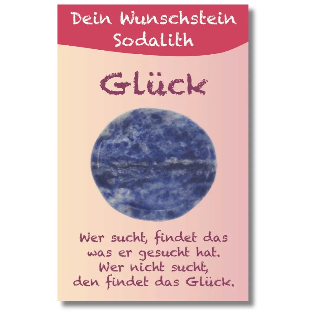 Blauer Sodalith Wunschstein auf Karte für Glück, mit Spruch "Wer sucht, findet...". Kraftvoller Edelstein Begleiter.