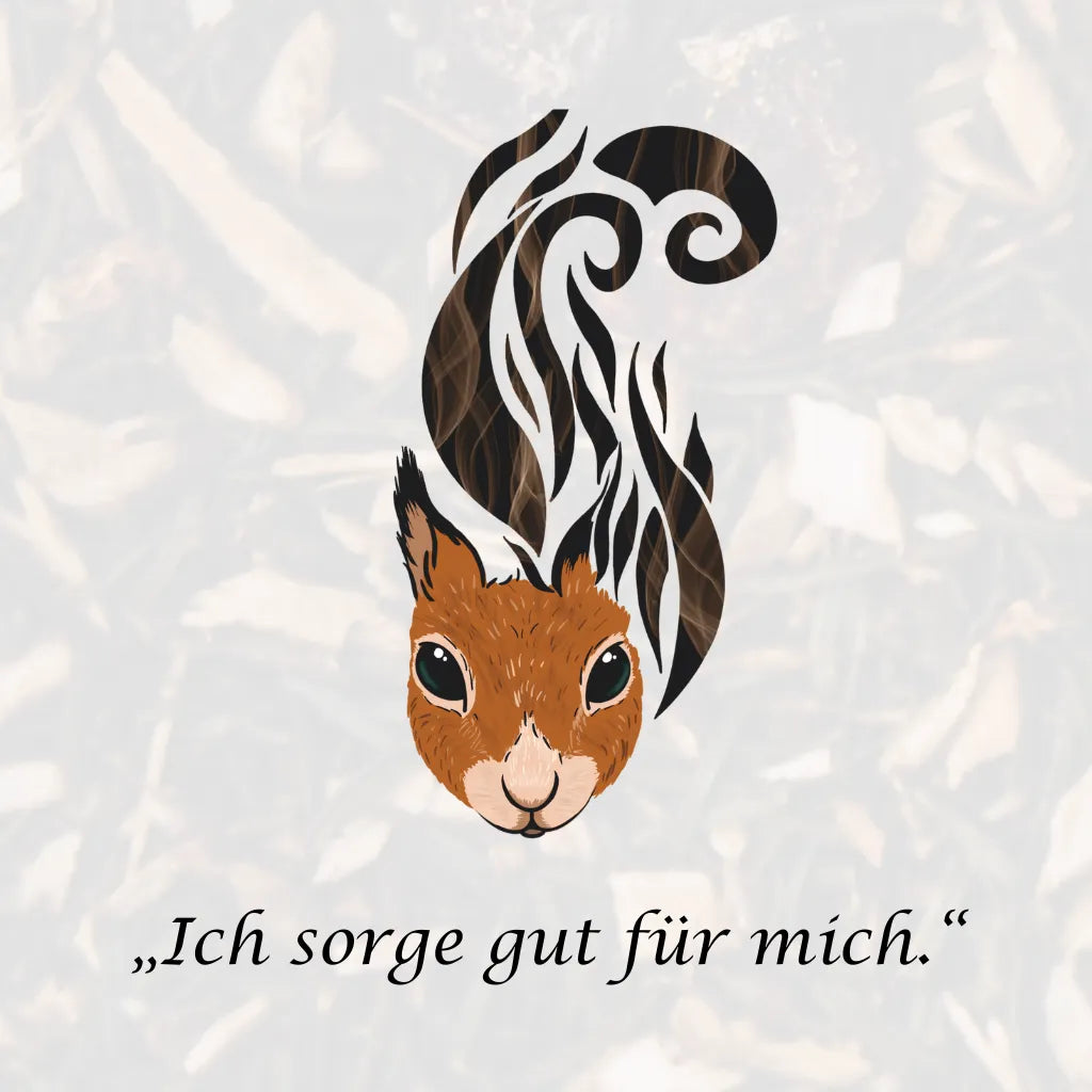 Affirmation "Ich sorge gut für mich" mit Eichhörnchen-Illustration, symbolisiert Lebendigkeit und Selbstfürsorge.