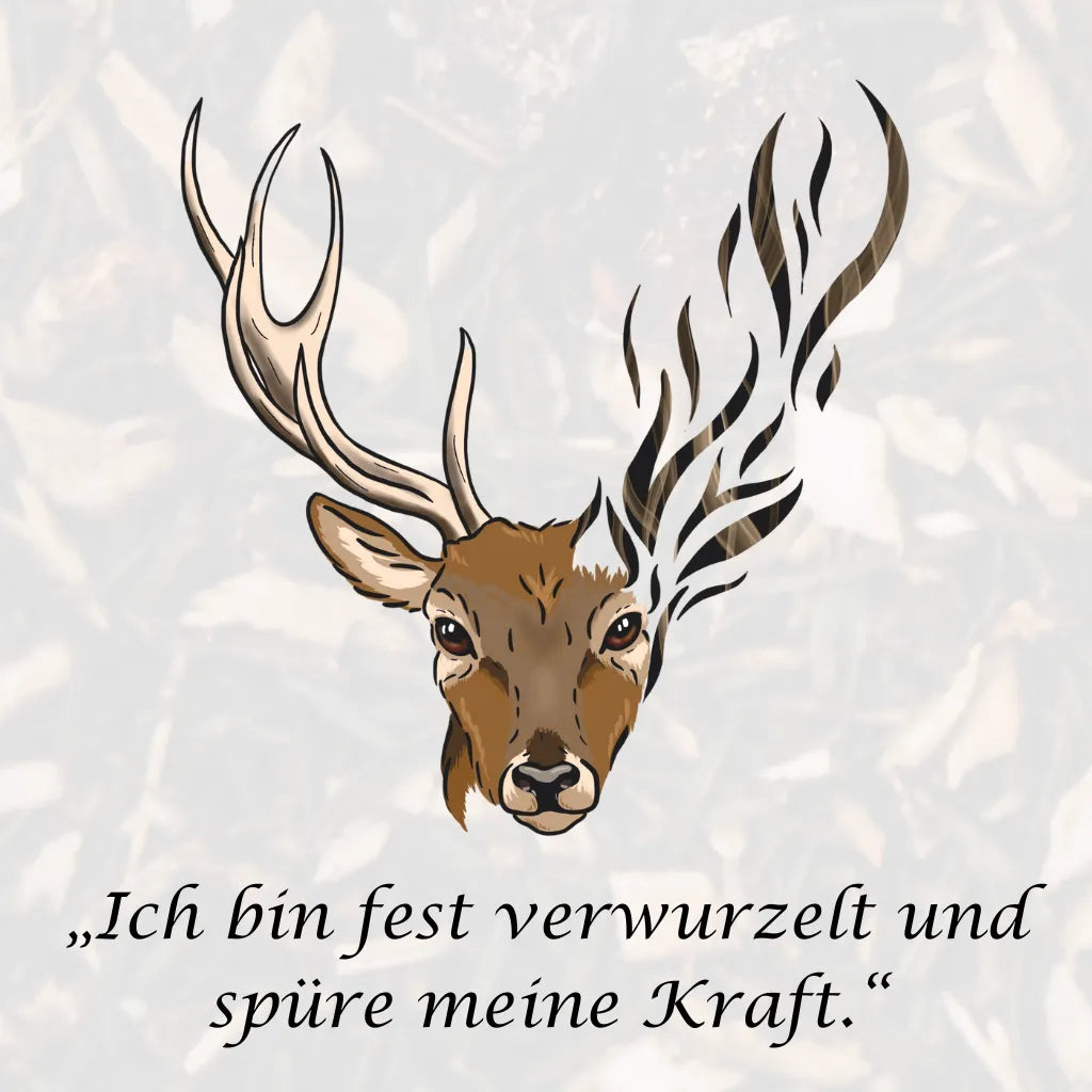 Affirmation "Ich bin fest verwurzelt und spüre meine Kraft" mit Hirsch-Illustration, symbolisiert Erdung.
