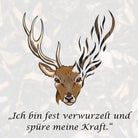 Affirmation "Ich bin fest verwurzelt und spüre meine Kraft" mit Hirsch-Illustration, symbolisiert Erdung.