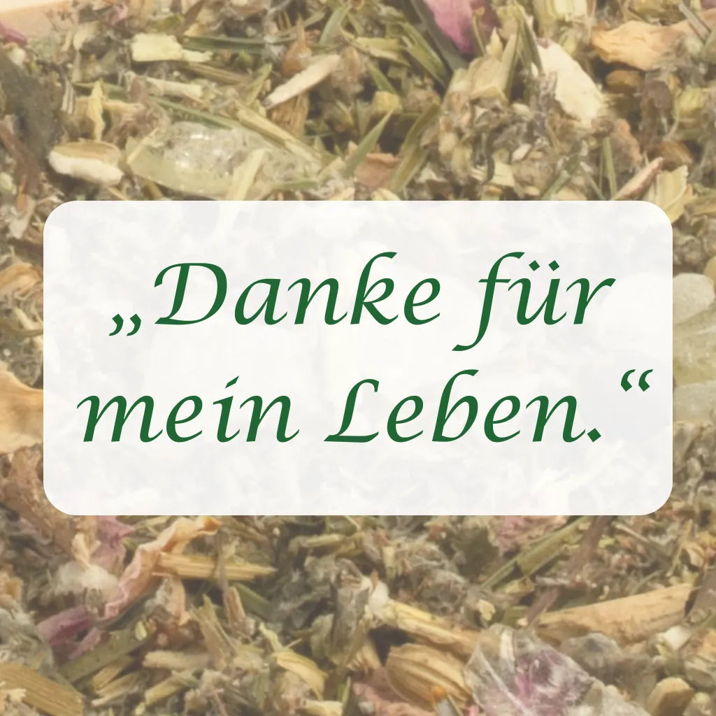 Affirmation "Danke für mein Leben" auf Hintergrund aus Kräutern der Räuchermischung.