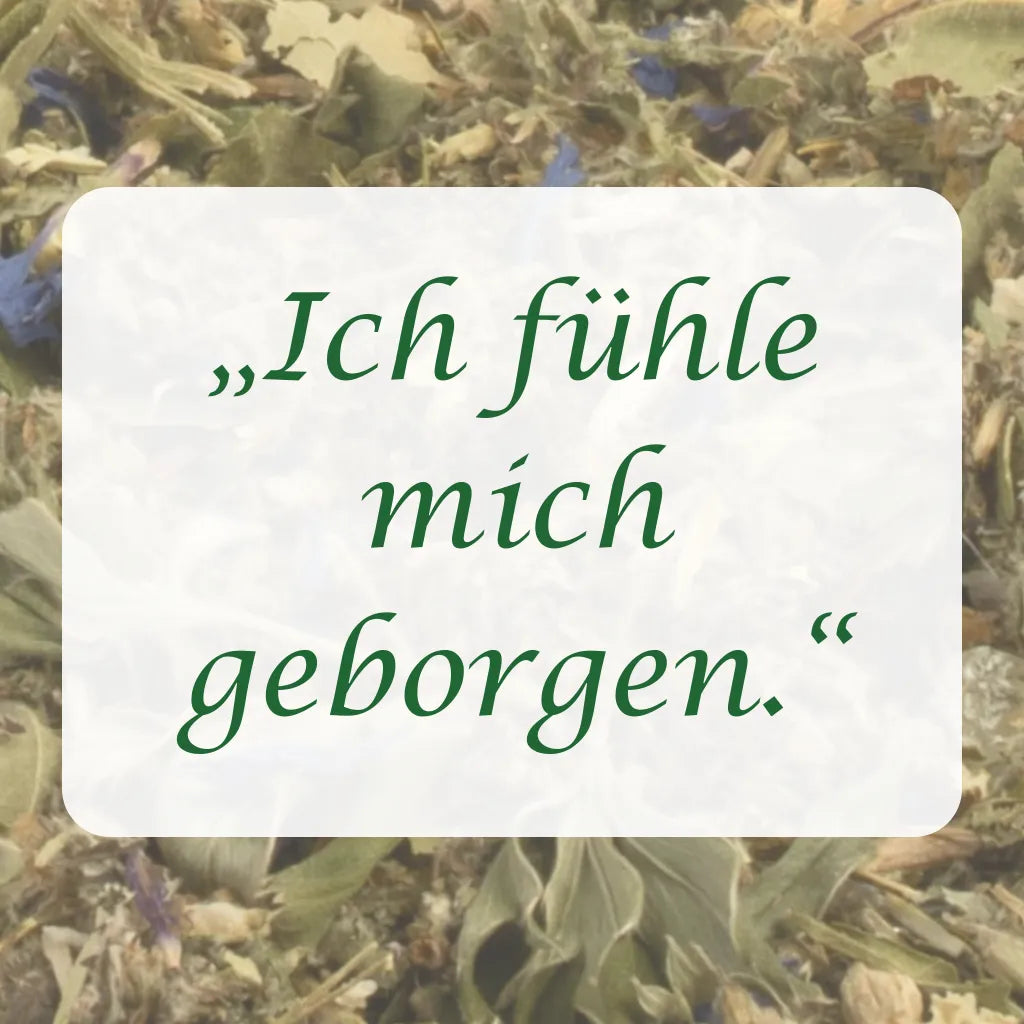Affirmation "Ich fühle mich geborgen" auf Hintergrund aus Kräutern der Räuchermischung.