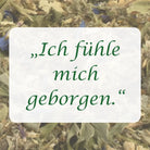 Affirmation "Ich fühle mich geborgen" auf Hintergrund aus Kräutern der Räuchermischung.