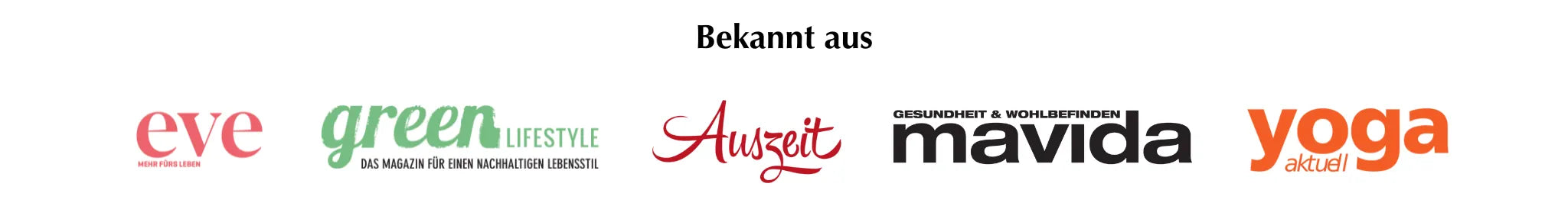 Presse Banner: Bekannt aus mit 5 verschiedenen Magazin Logos.
