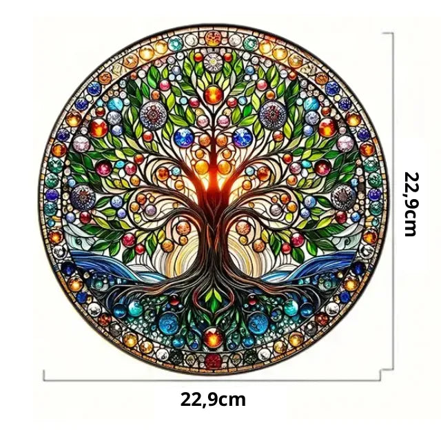 Baum des Lebens Fensteraufkleber mit Maßen 22,9 x 22,9 cm, farbenfrohes Design für Fenster und Glasflächen.