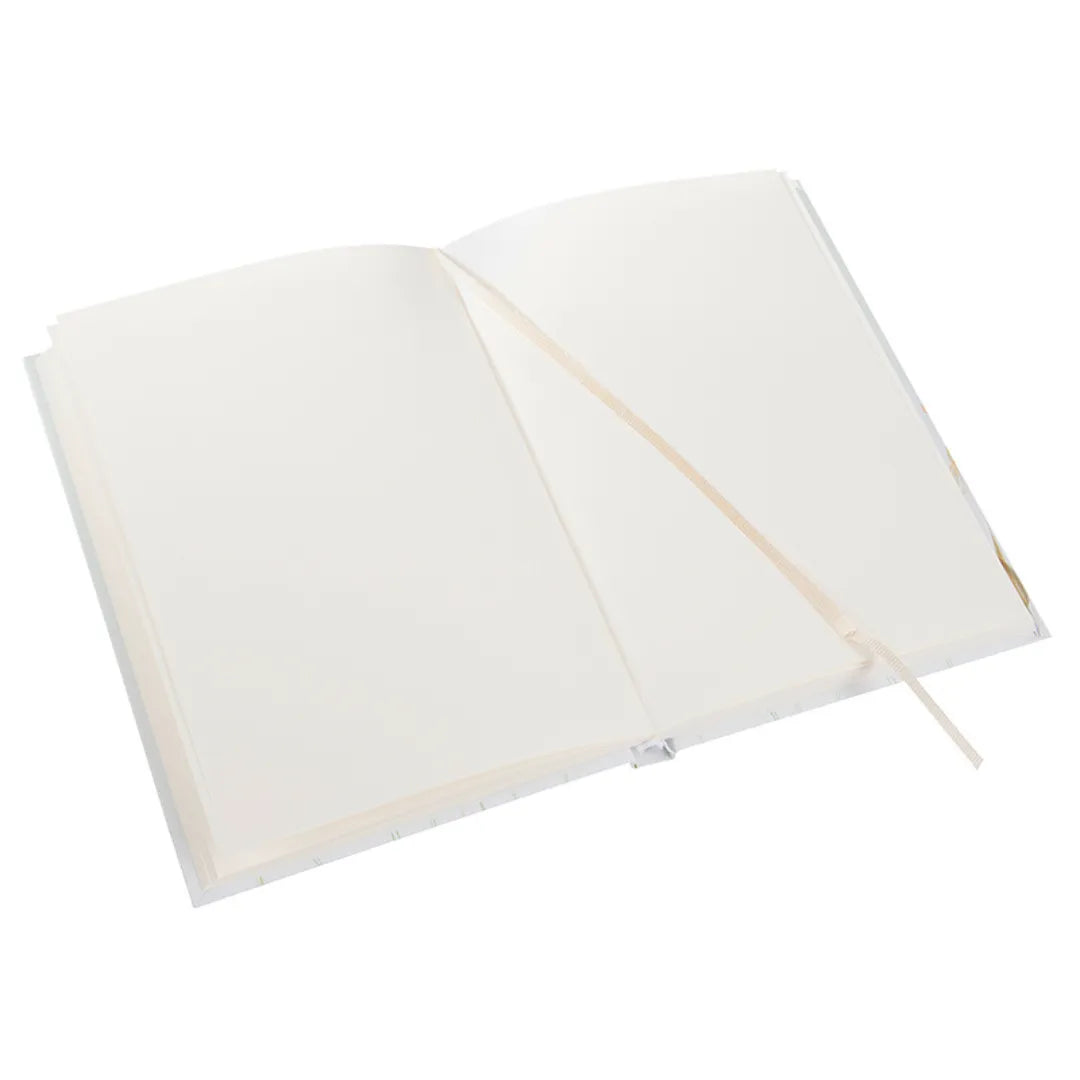 Geöffnetes A5 Notizbuch 'Tender' mit 200 blanko Seiten und Leseband.