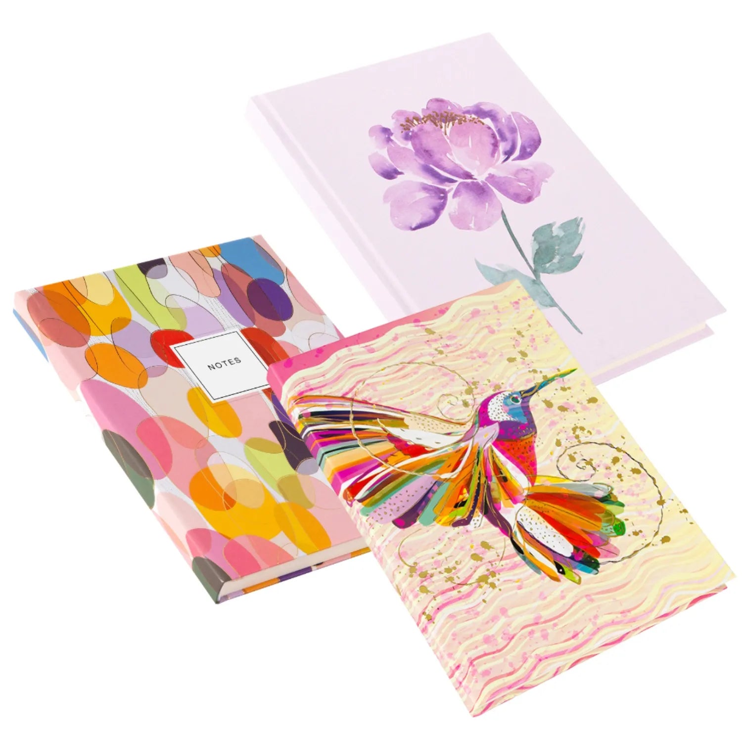 Drei Notizbücher mit inspirierenden Designs (Blume, Kolibri, abstrakt). Perfekt für Meditationstagebuch, Achtsamkeitsübungen und Gedanken.