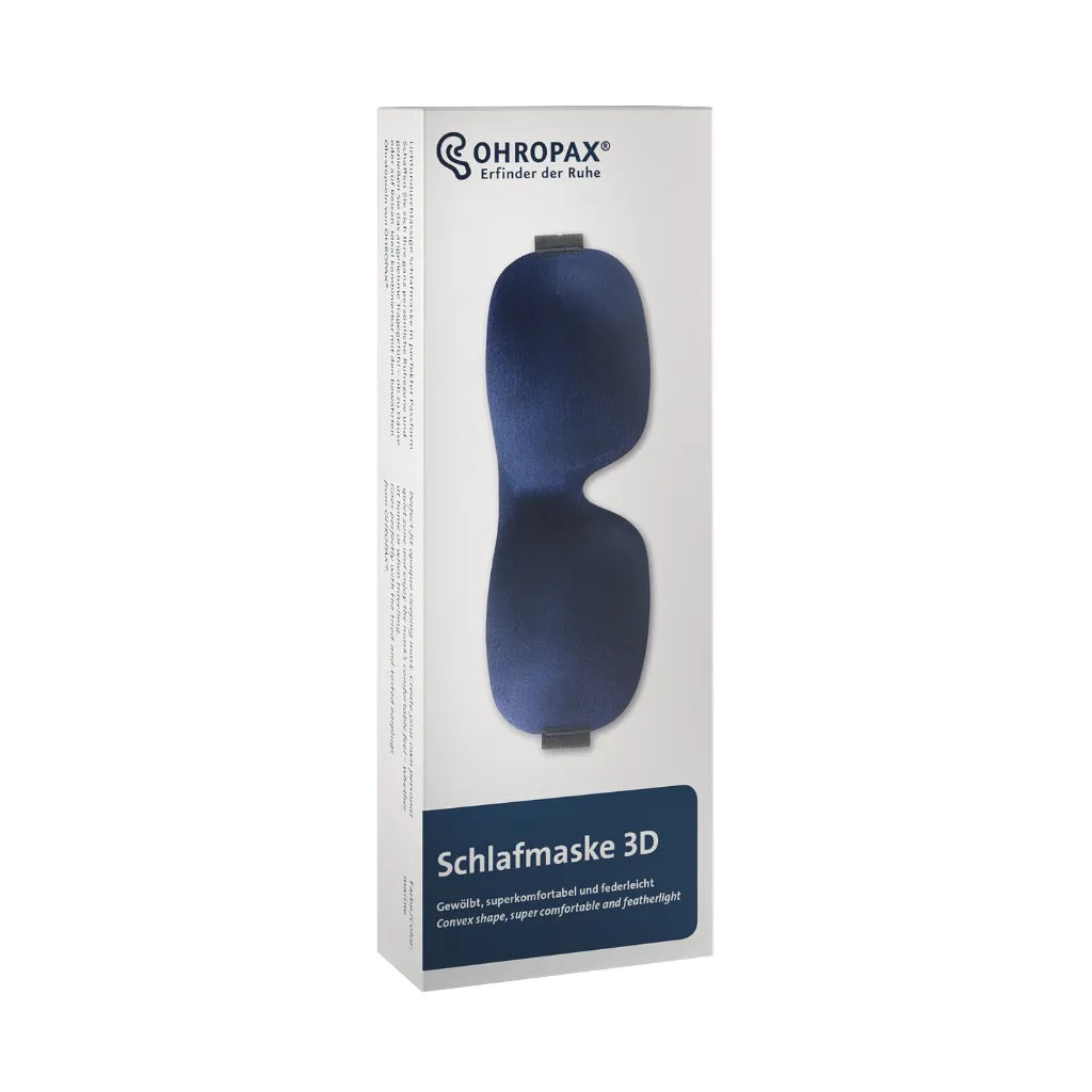 Verpackung der OHROPAX Schlafmaske 3D in Dunkelblau, mit Produktbild und Beschreibung.