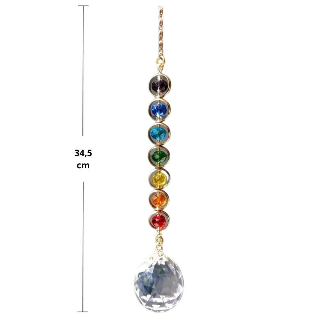 Sonnenfänger Kette mit Regenbogen-Kristallen in Chakra-Farben und Kugel, 34,5 cm lang, für positive Schwingungen.