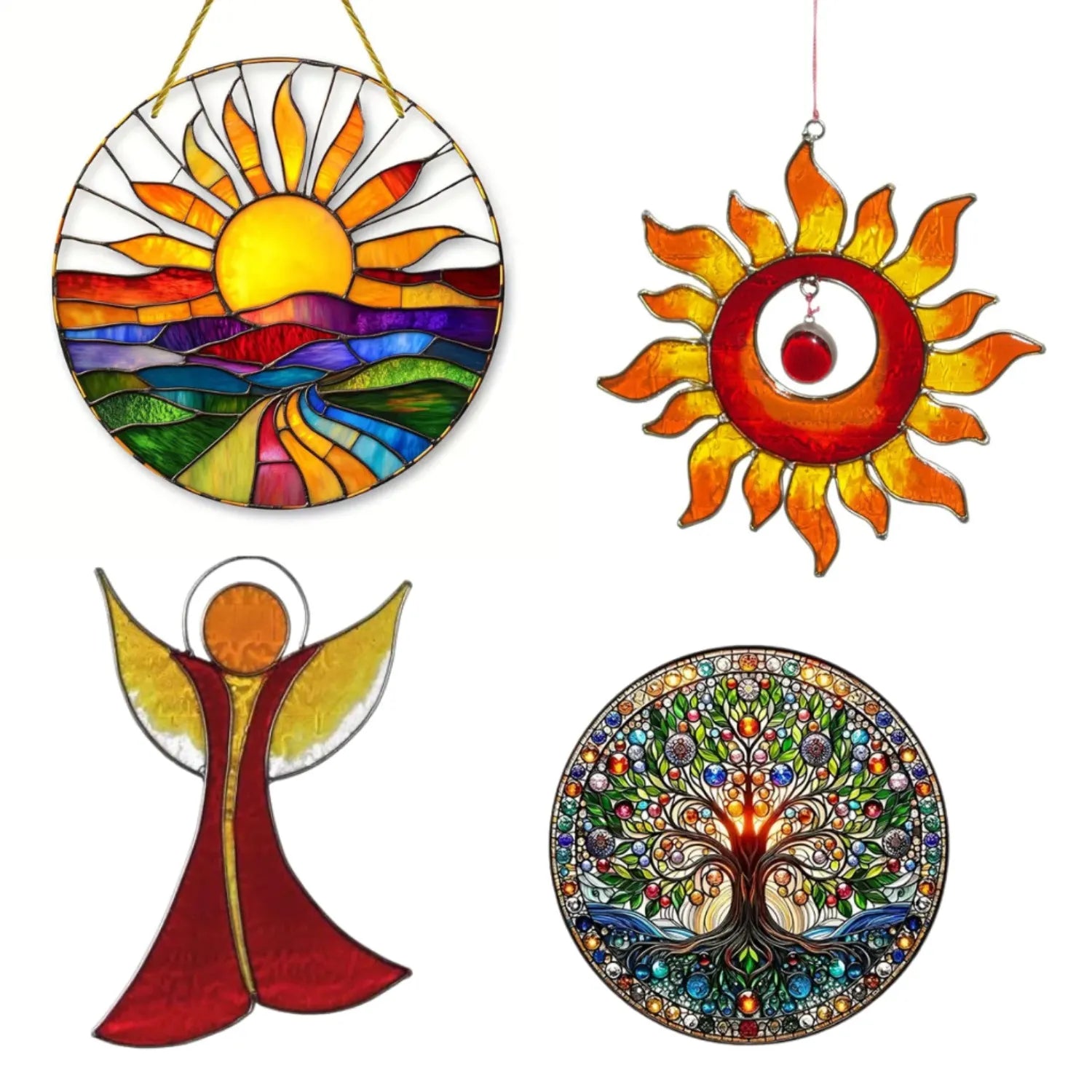 Vier bunte Fensterbilder aus Buntglas: Sonne, Engel und Lebensbaum. Schaffen eine harmonische Atmosphäre für Entspannung und Wohlbefinden.