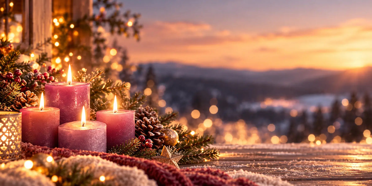 Vier brennende Kerzen in Rosa- und Lilatönen sorgen für eine stimmungsvolle Adventsatmosphäre und begleiten den digitalen Achtsamkeits-Adventskalender mit Seraphine Monien.