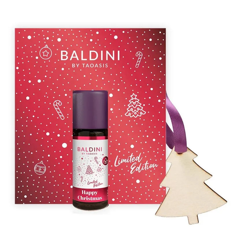 Baldini Happy Christmas Mini-Duftset (10ml) mit Holz-Tannenbaum. Warmer Duft von Orange, Weißtanne, Nelke für weihnachtliches Zuhause.