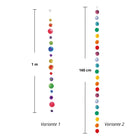 Capiz-Muschelketten mit Längenangaben. Variante 1 ist 100 cm lang, Variante 2 misst 160 cm. Zeigt die unterschiedlichen Größen der farbenfrohen Ketten als Fensterdekoration.