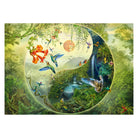 Detailliertes Puzzle-Motiv "Im Wald der Kolibris" von Silvia Christoph. Zeigt ein farbenprächtiges Yin-Yang-Design mit fliegenden Kolibris, exotischen Blumen und Wasserfällen im Dschungel.