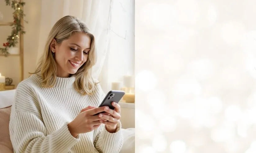 Frau ließt lächelnd den digitalen Adventskalender auf dem Handy