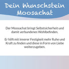 Textkarte zum Moosachat Wunschstein: "Der Moosachat bringt Selbsstsicherheit und Wohlbefinden." Bedeutung.