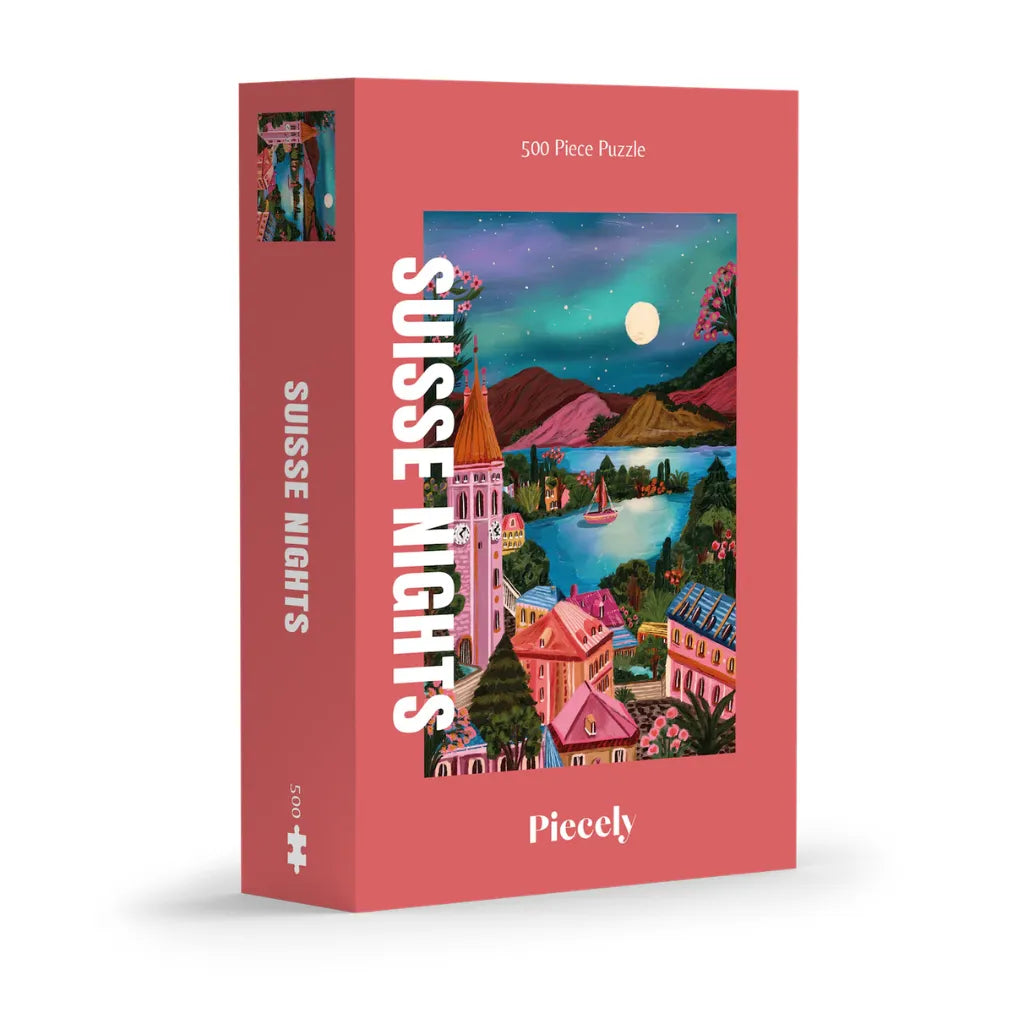 Piecely Puzzle 500 Teile "Suisse Nights" Produktverpackung. Zeigt ein stimmungsvolles Nachtmotiv einer Schweizer Stadt am See mit Mond, Bergen und einem leuchtenden Uhrturm.