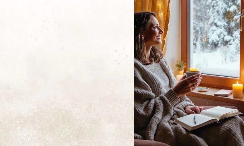 Frau blickt freudig in die winterliche Landschaft 