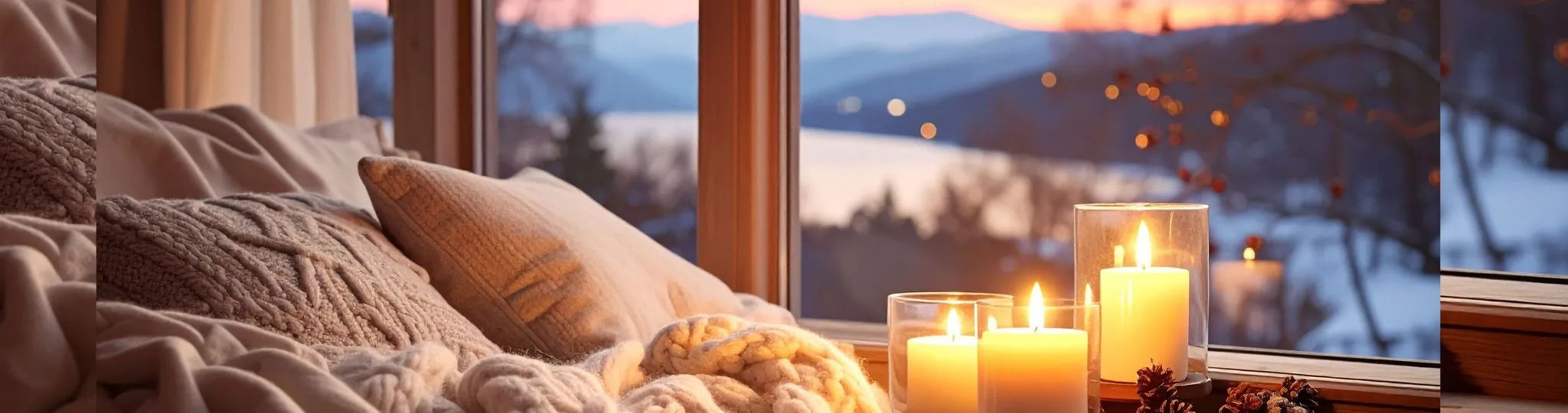 Winterlicher Raum mit großem Fenster und gemütlicher Wolldecke und brennenden Kerzen auf der Fensterbank bei Sonnenuntergang 