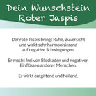 Textkarte zum Roten Jaspis Wunschstein: "Der rote Jaspis bringt Ruhe, Zuversicht." Bedeutung.