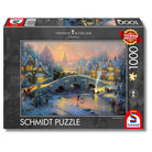 Verpackung des 1000-Teile Schmidt Puzzles 'Spirit of Christmas' von Thomas Kinkade, auf der ein verschneites, nostalgisches Winterdorf abgebildet ist.