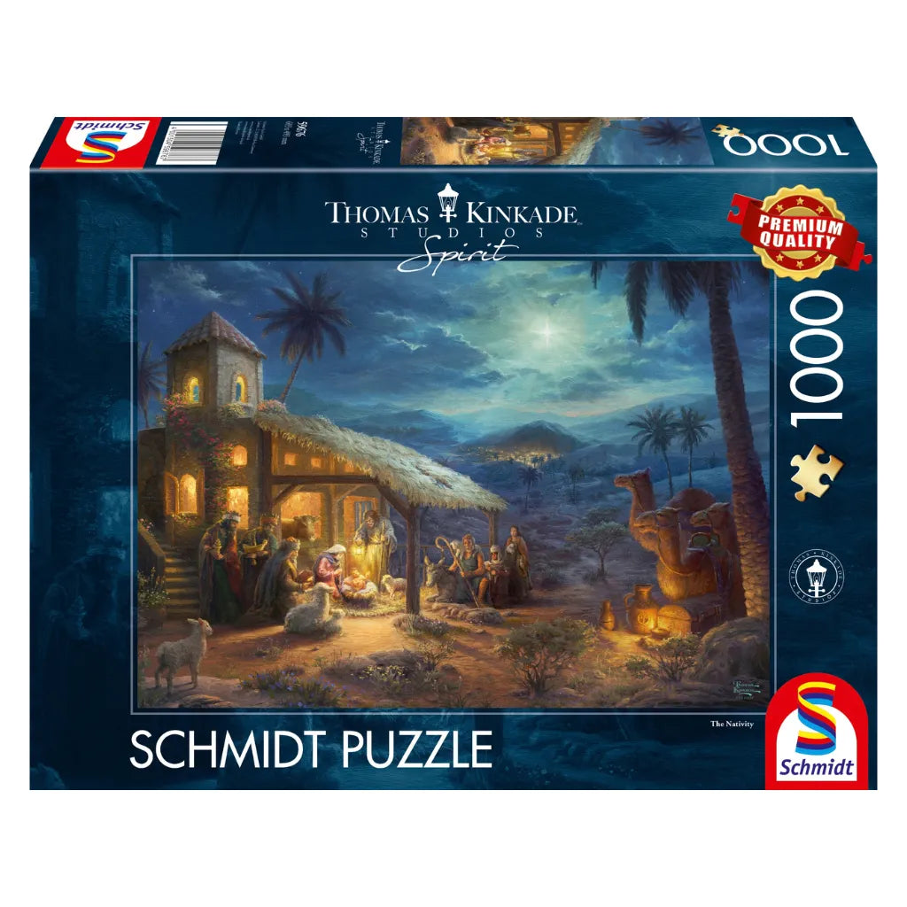 Karton des 1000-Teile Schmidt Puzzles 'The Nativity' aus den Thomas Kinkade Studios, das die klassische Weihnachtsgeschichte zeigt.