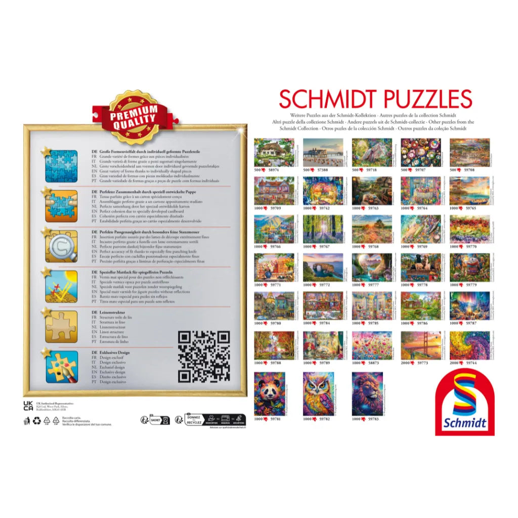 Rückseite der Schmidt Puzzle 1000 Teile "Terrasse am Meer" Verpackung. Zeigt Qualitätsmerkmale und eine Übersicht weiterer Puzzles aus der Schmidt Kollektion.