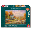 Karton des 500-Teile Schmidt Puzzles 'Autumn at Apple Hill' aus den Thomas Kinkade Studios mit einem idyllischen Herbstmotiv.