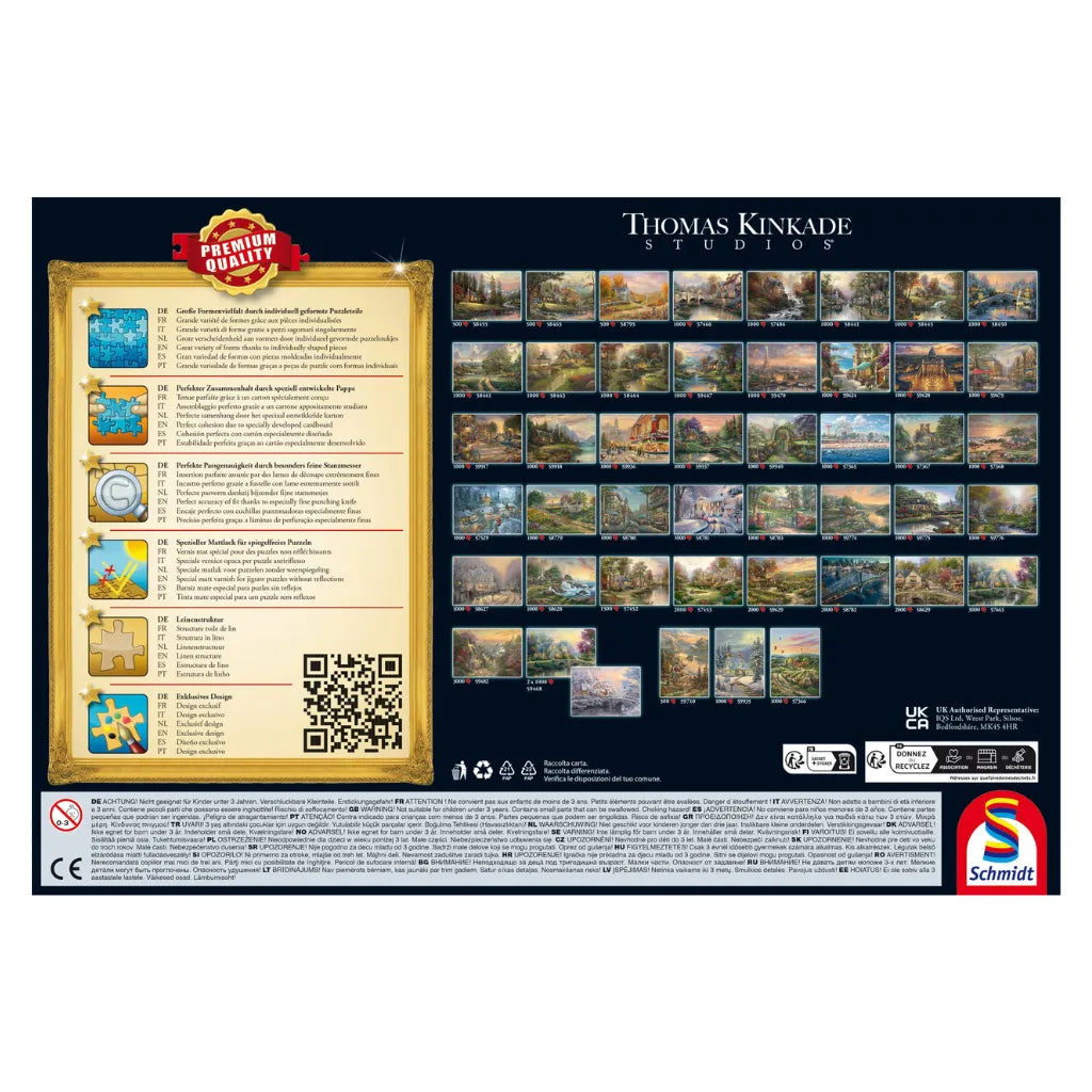 Rückseite eines Schmidt Puzzle Kartons mit der Beschreibung der 'Premium Quality', inklusive Hinweisen zu Passgenauigkeit, Formenvielfalt, matter Oberfläche und Stabilität.