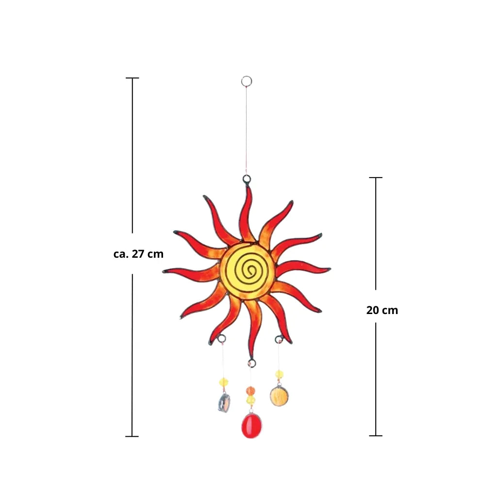 Sonnenfänger "Sonne Spirale" mit hängenden Elementen. Zeigt die Maße: ca. 27 cm Gesamtlänge und die Sonne mit Steinen ca. 20 cm. Hergestellt aus farbigem Glas.